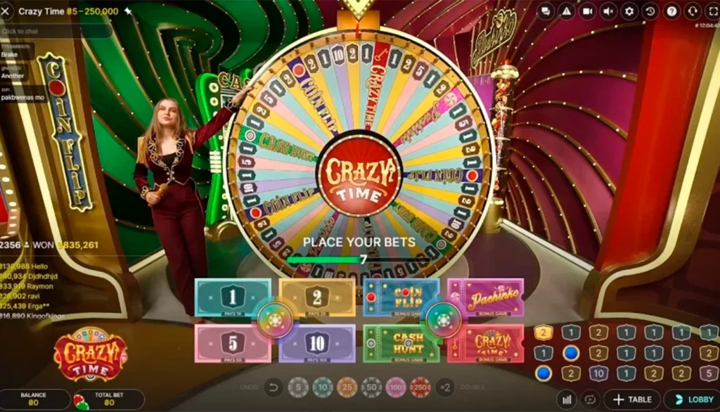 Crazy Time betting interface showing the eight bet spots and their odds